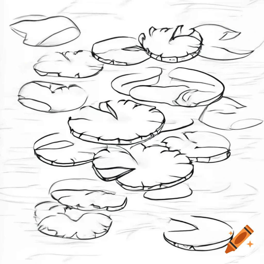 Line art sketch of floating lily pads from above