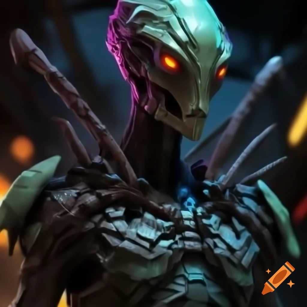 Aliens in neon diamond armor with glowing energy and dynamic poses
