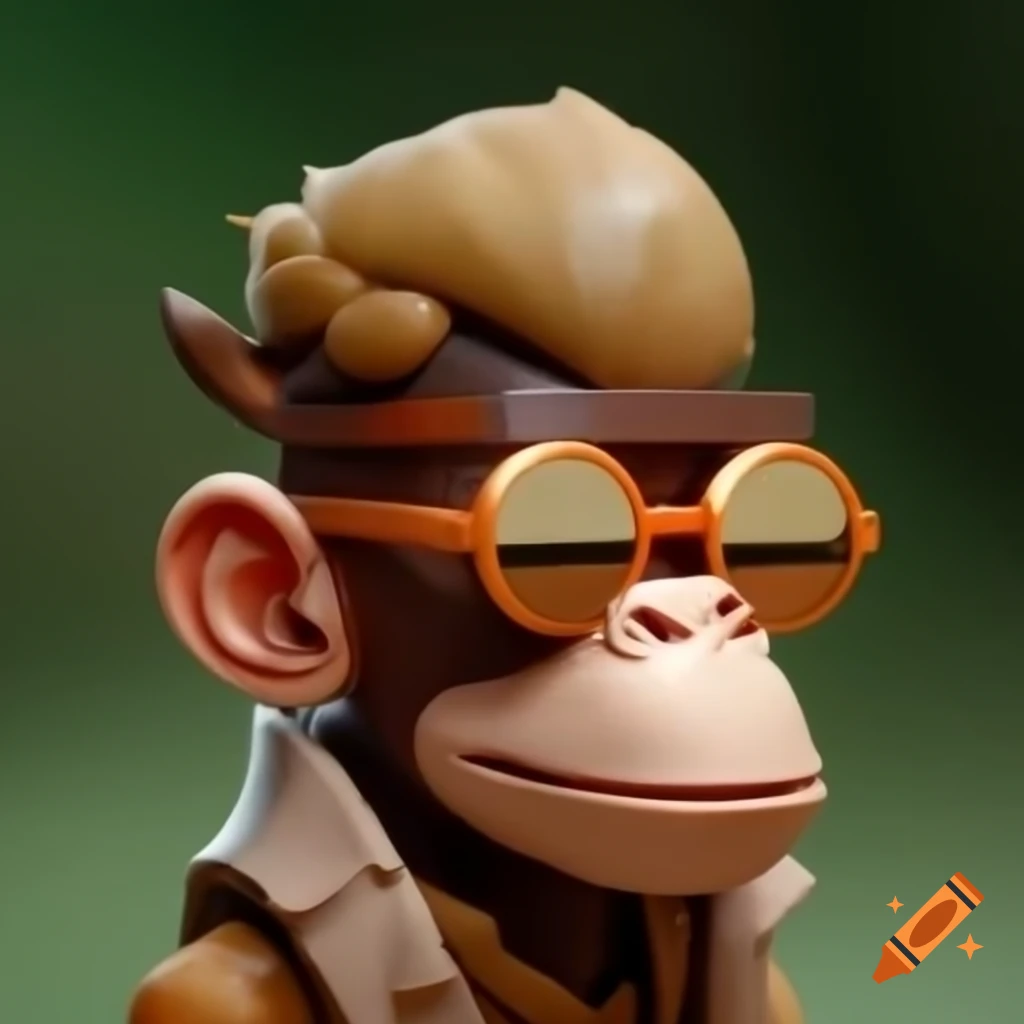 Tiny wood bark human with Donkey Kong mask and stylish sunglasses, realistic detail