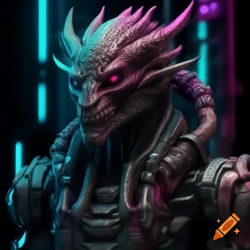 Cyberpunk mythical creature with neon lighting and holographic technology