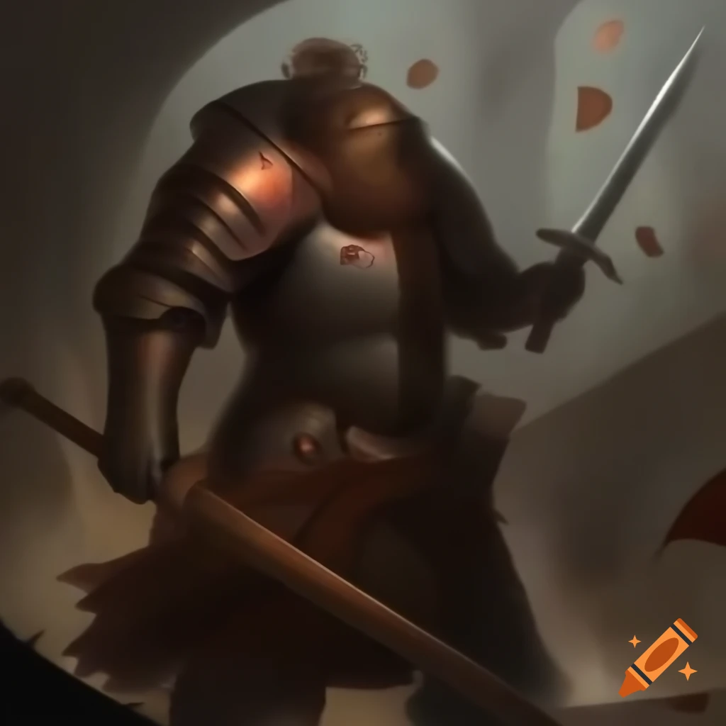 Ferroptosis represented as knight in rusted armor with flying iron fragments