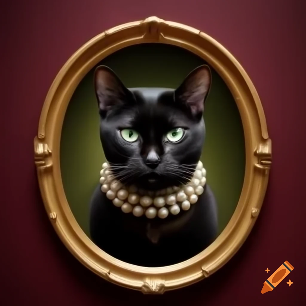 Shiny black cat with green eyes wearing pearl choker in oval frame on burgundy wall