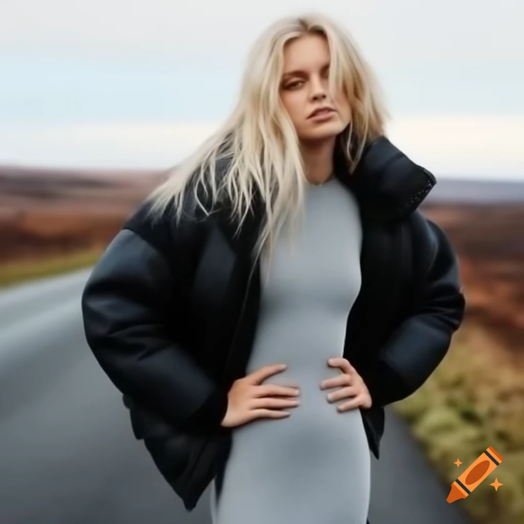 Young blonde woman in gray dress and black puffer jacket on winter countryside road