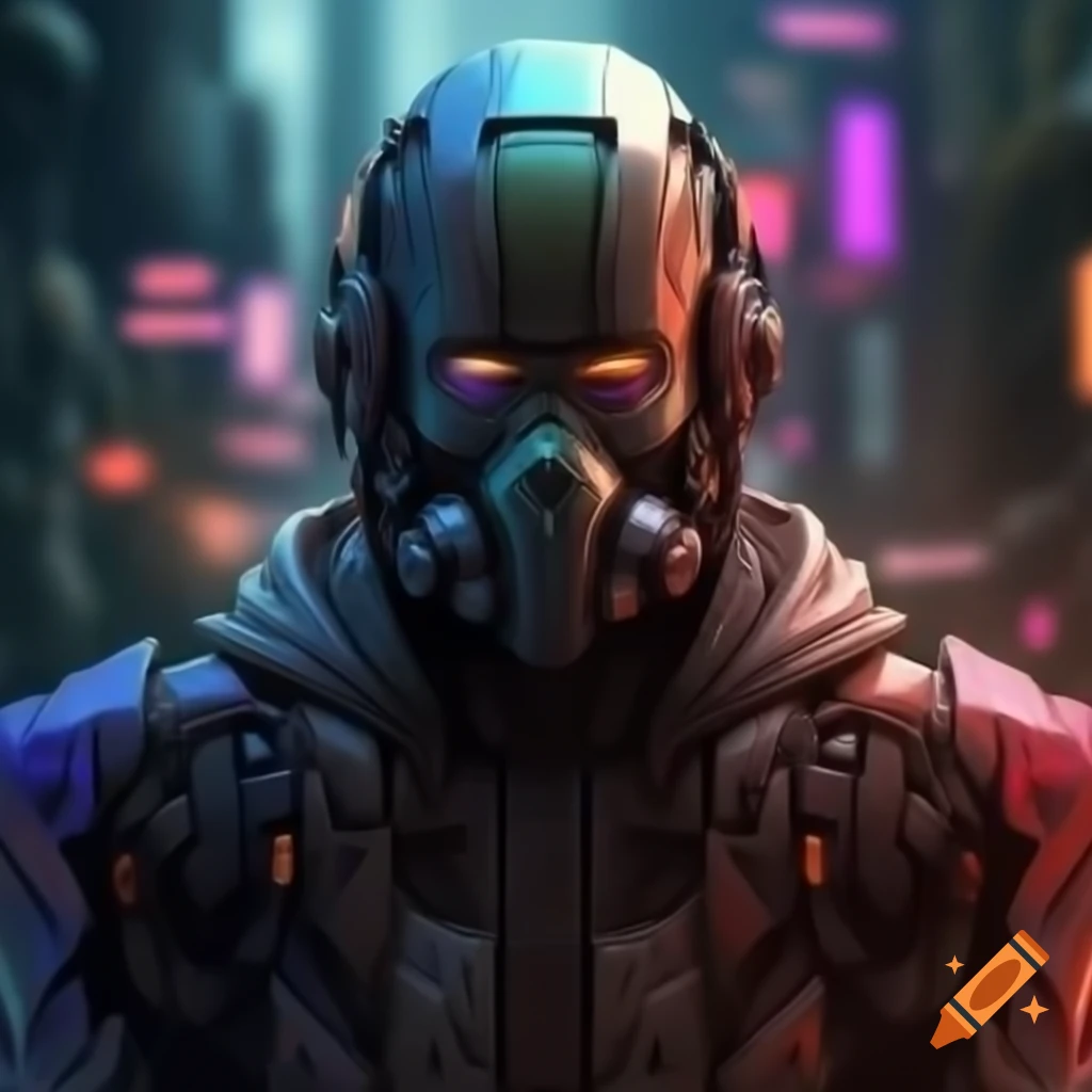 Cyborg ninja warrior in vibrant futuristic urban jungle, reds and purples