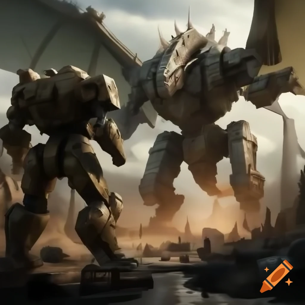 Giant mech robot battling dragon in post-apocalyptic wasteland