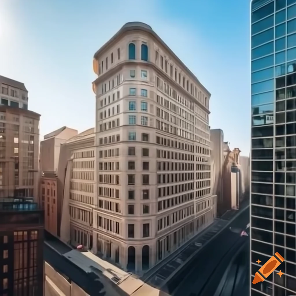 Neoclassical building surrounded by modern glass structures in urban setting