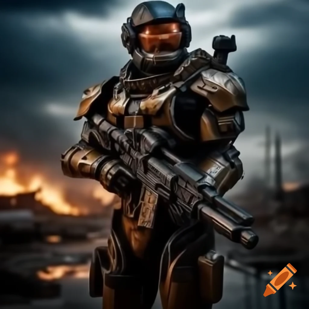Cyborg warrior in armor with laser rifle in post-apocalyptic wasteland
