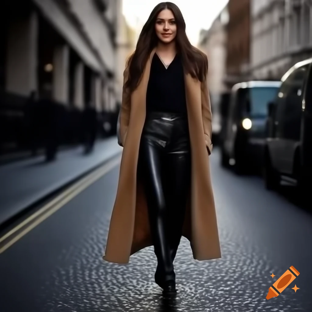 Beautiful woman with long brown hair and green eyes smiling in stylish outfit
