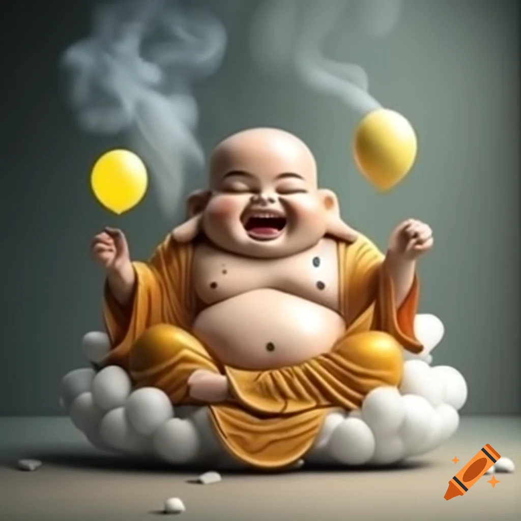 Humorous Buddha laughing with yellow balloon on cloud chair in 4k quality