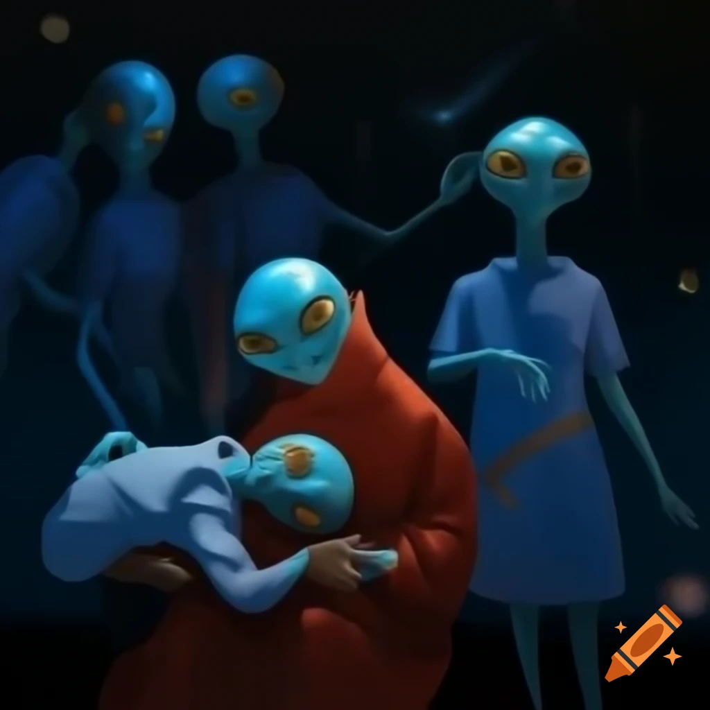 Surreal cosmic scene with aliens, amphitheater, and dream imagery