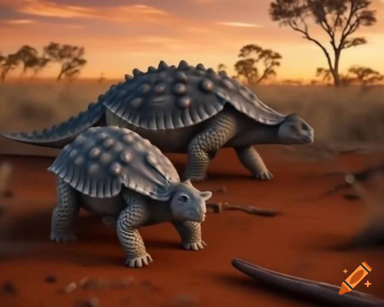 Cinnamon color and grey striped Ankylosaurus in Australia outback at golden hour