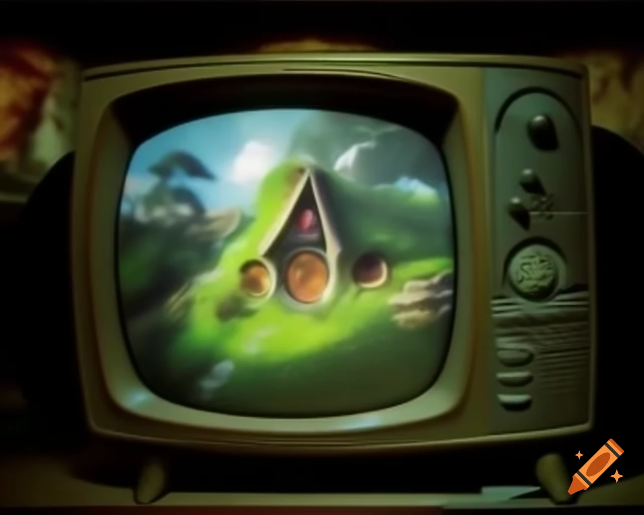 Hobbit house in a blurry and distorted CRT style image