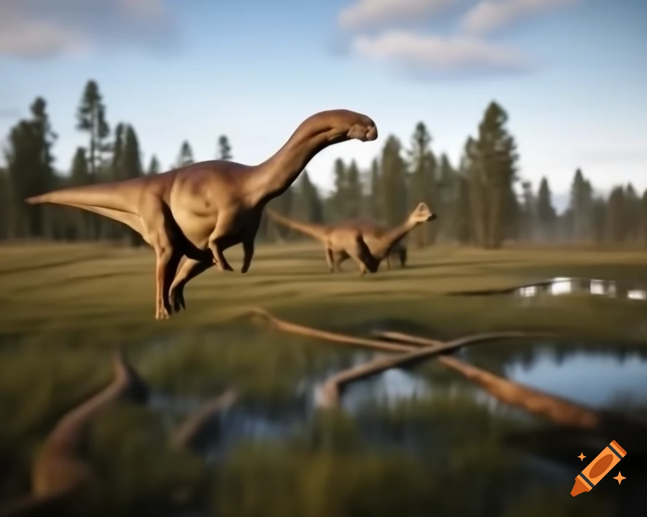 Cinnamon and grey striped hadrosaurus in marshland during golden hour