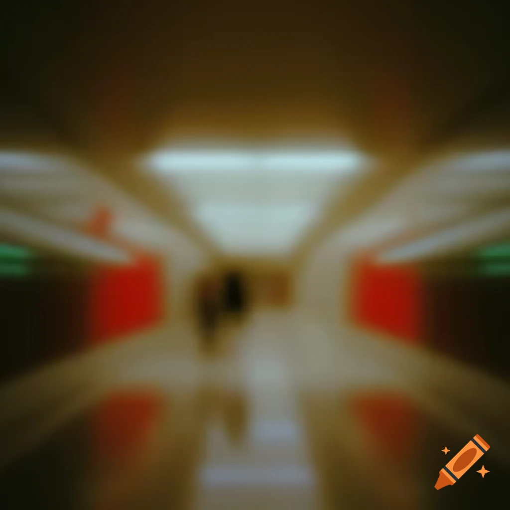 Blurry glitch effect airplane lobby interior in beige and red