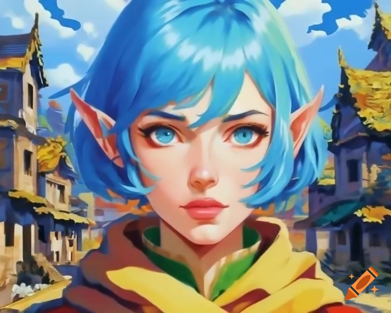 Blue-haired demi-elf in nomad village, retro pixel art style