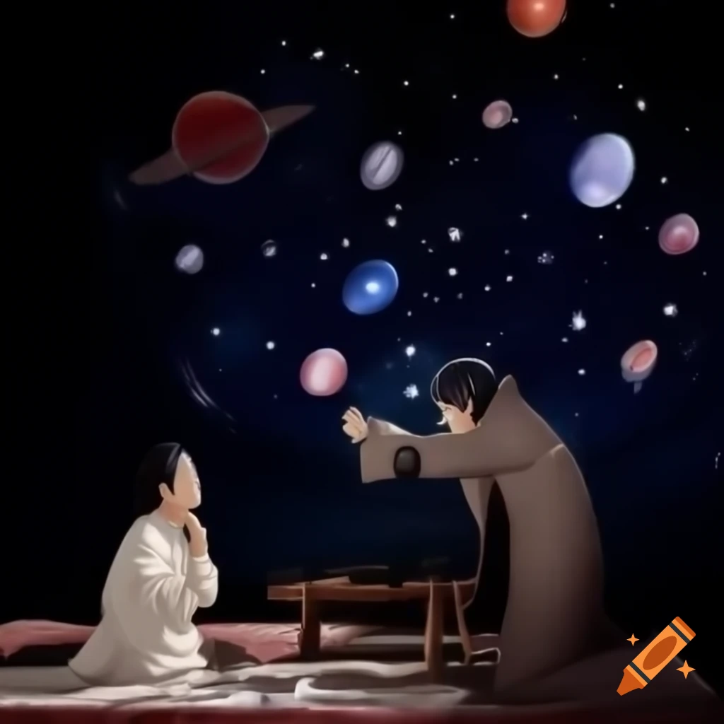 Surreal cosmic dream scene with floating images and figures