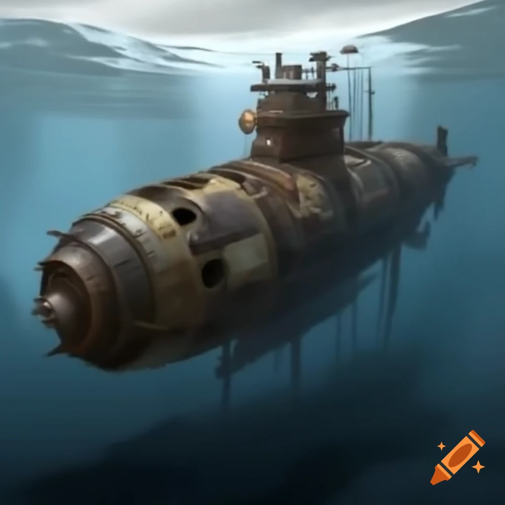 Steampunk submarine submerged underwater with a rusty appearance
