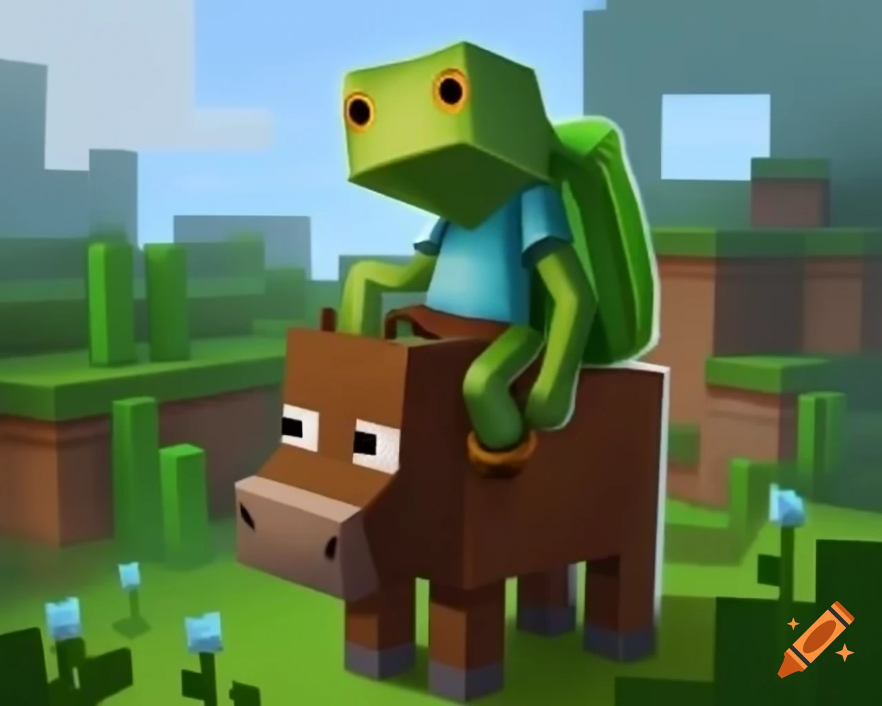 Frog riding a horse in Minecraft environment
