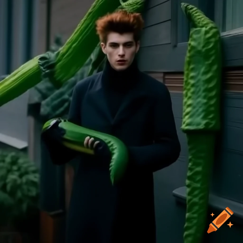 Ragtime punk character in coat discovering a cucumber after wandering
