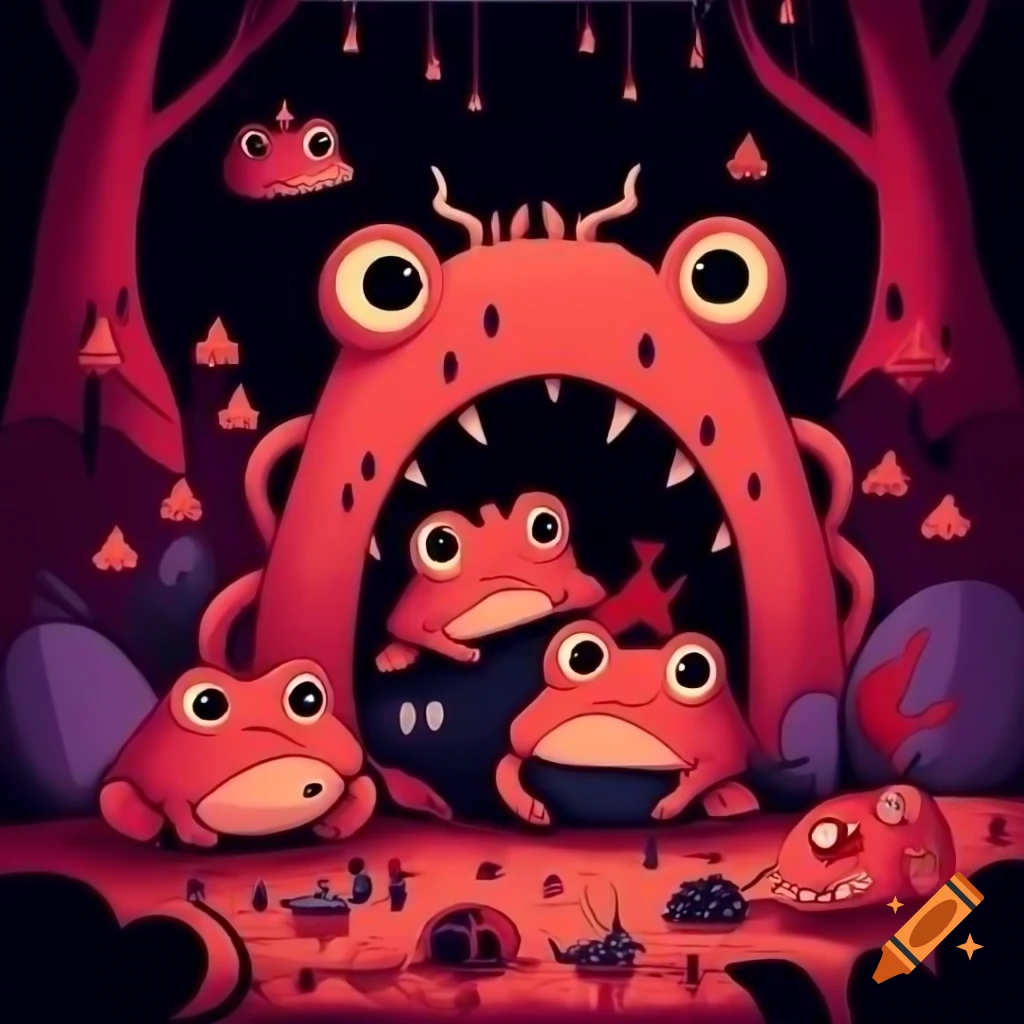 Cute devil horned frogs in vibrant red and purple hell scenery, anime cartoon style
