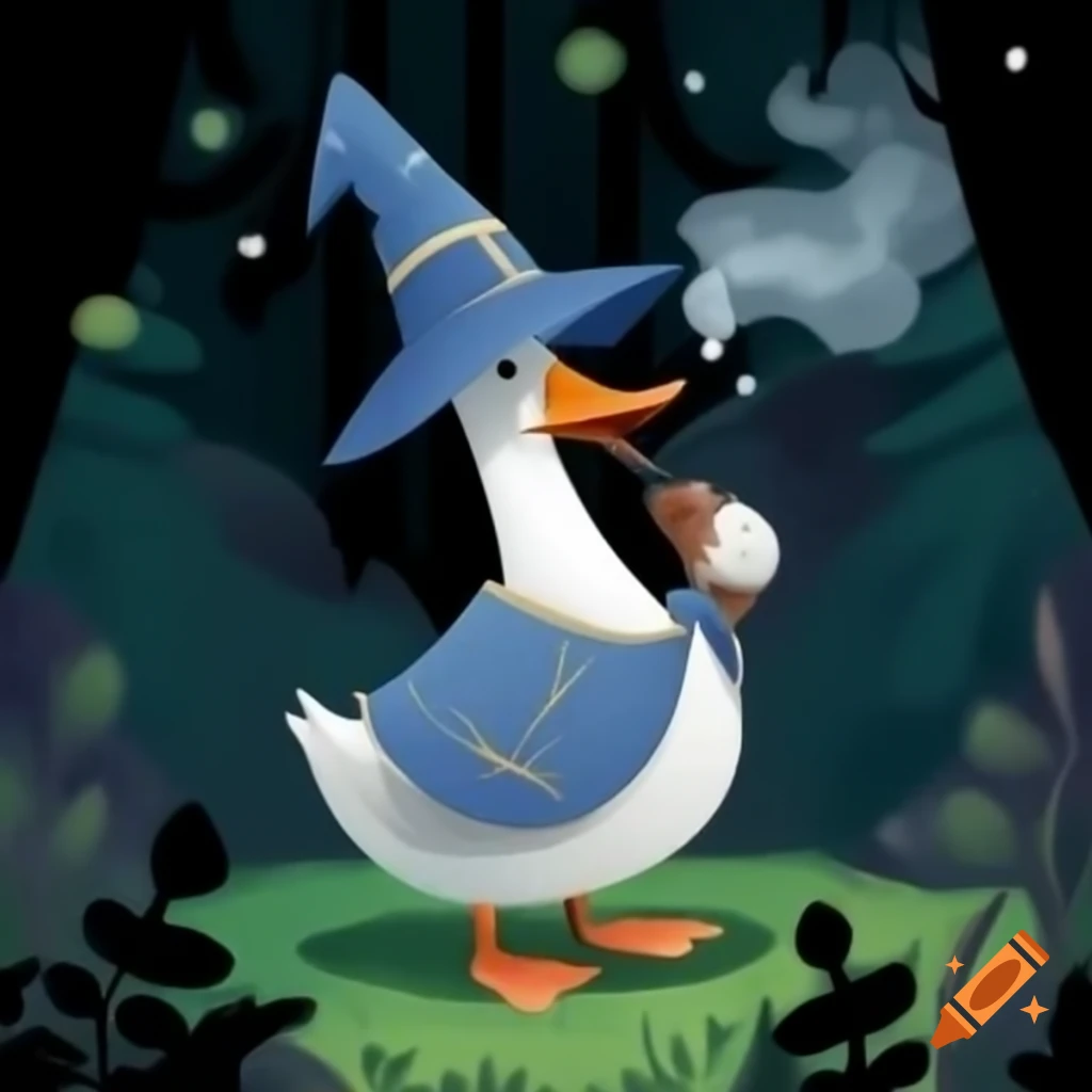 Goose wizard smoking pipe in enchanted forest