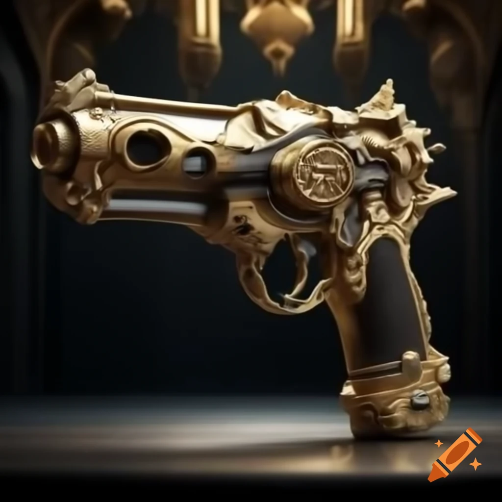Baroque style futuristic pistol with gold decorations