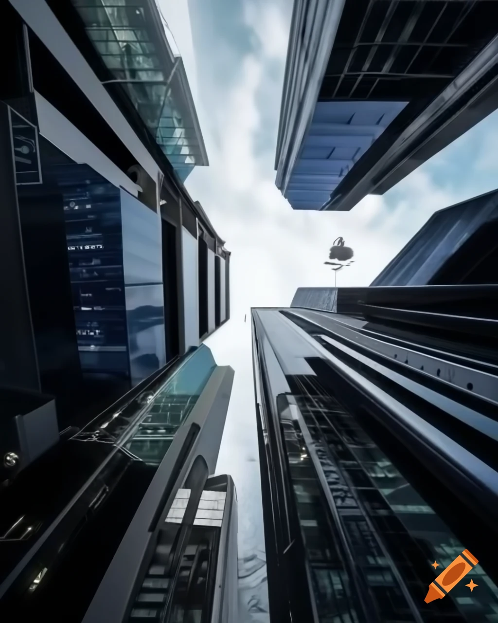 Futuristic cityscape with glass buildings, holographic ads, and flying cars