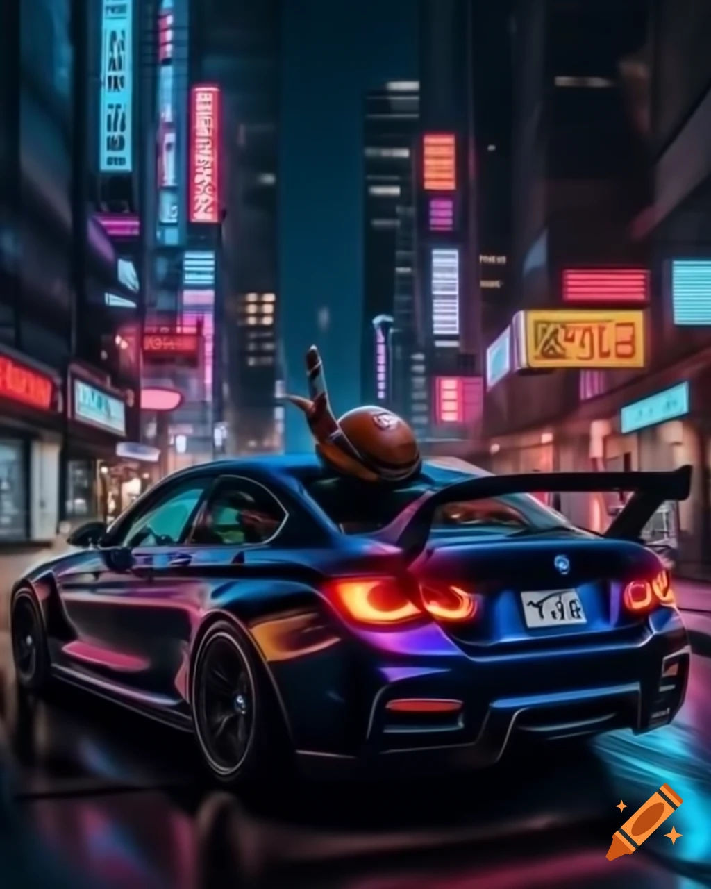 Two snails on neon city street with BMW G82 car