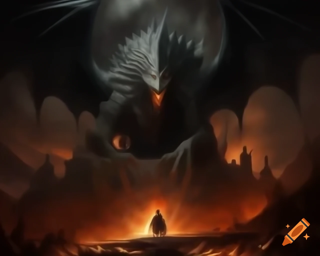 Dark fantasy illustration of wizard on mountain observing castle on fire with dragon