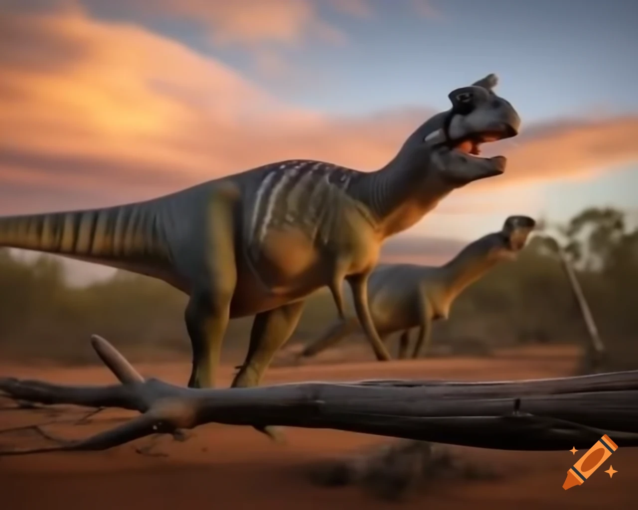 Cinnamon color and grey striped hadrosaurus in Australian outback during golden hour