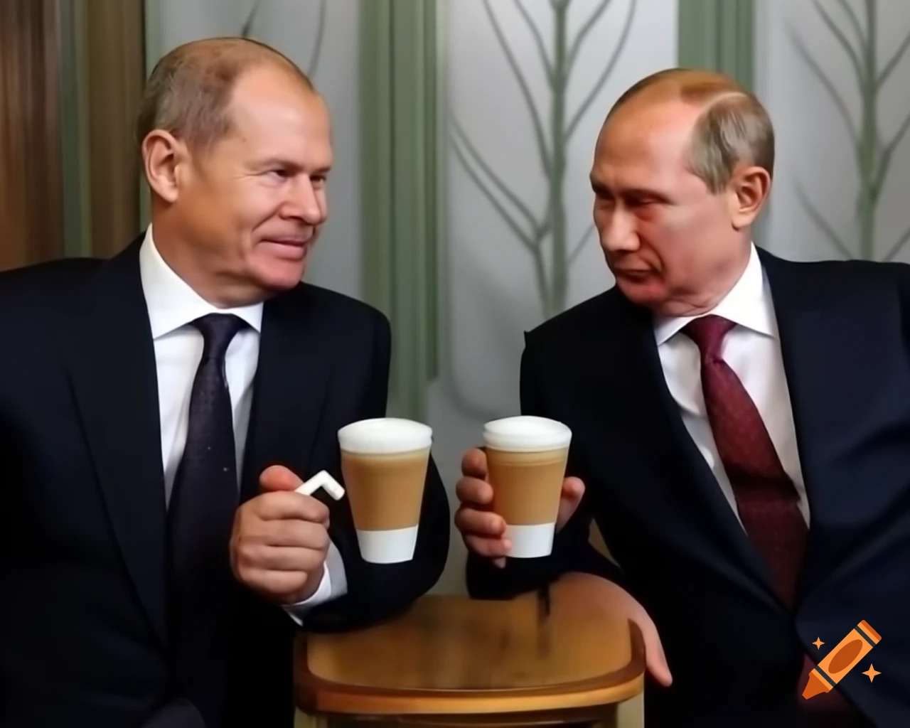 Olaf Scholz and Vladimir Putin enjoying coffee together