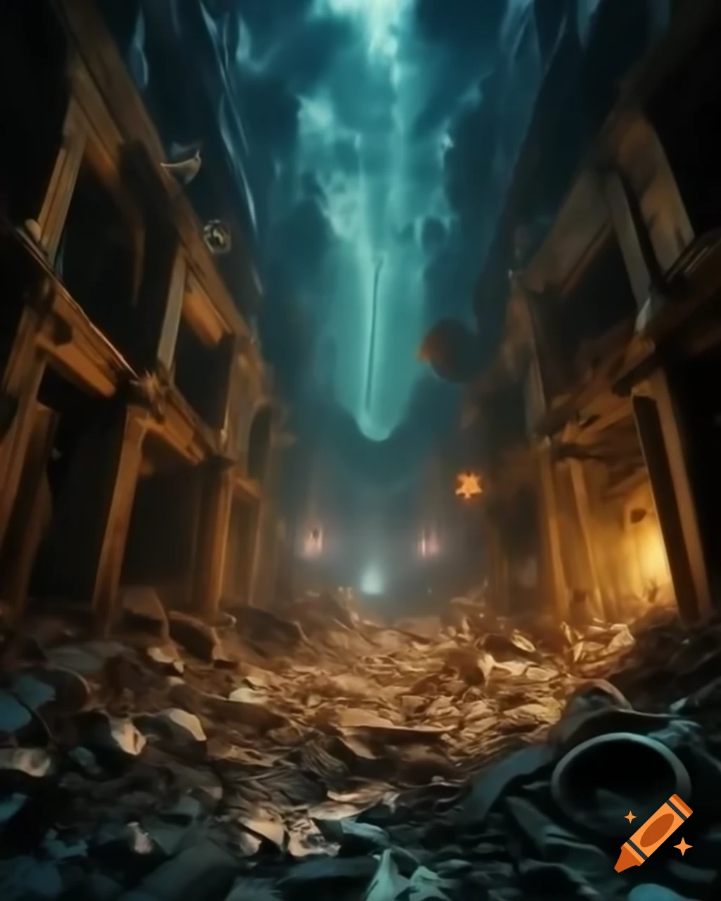 Post-apocalyptic scene depicting humanity's struggle to rebuild in a ruined world