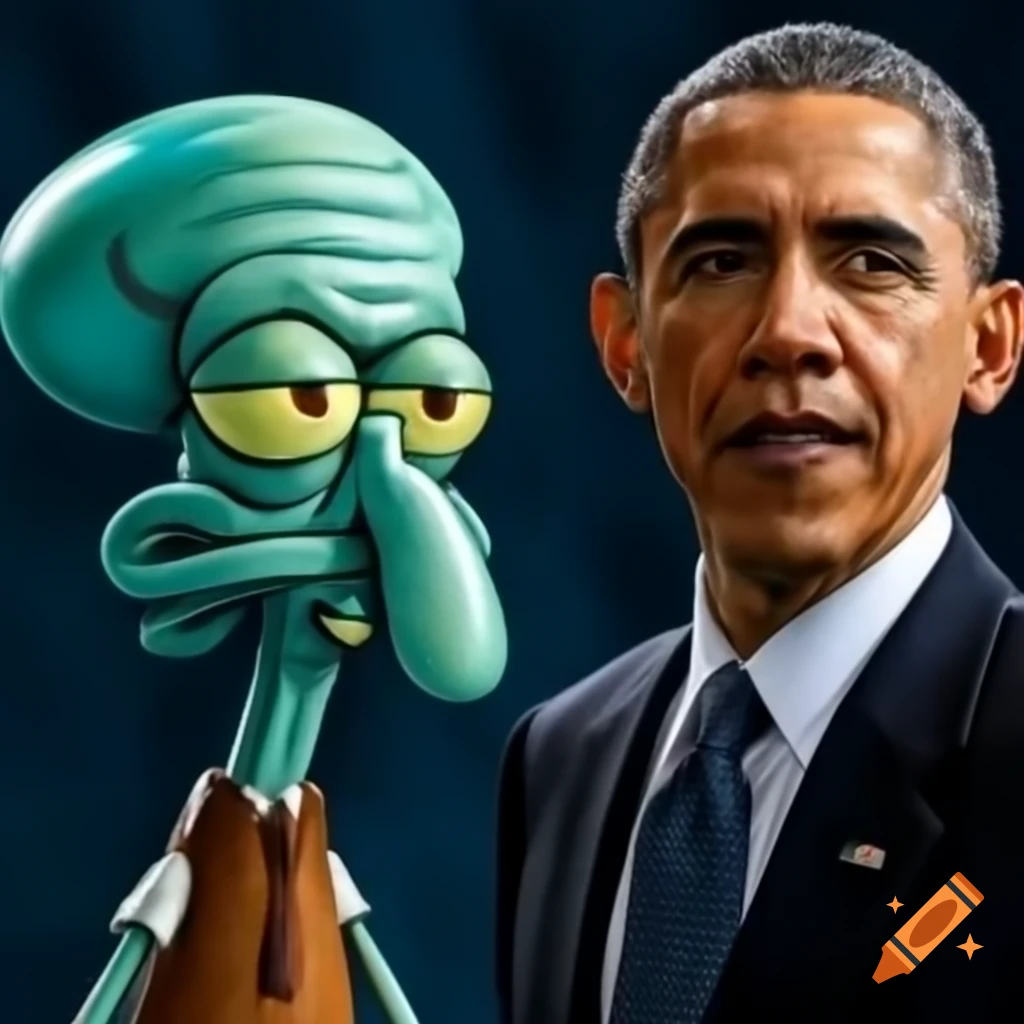 Squidward character alongside Barack Obama