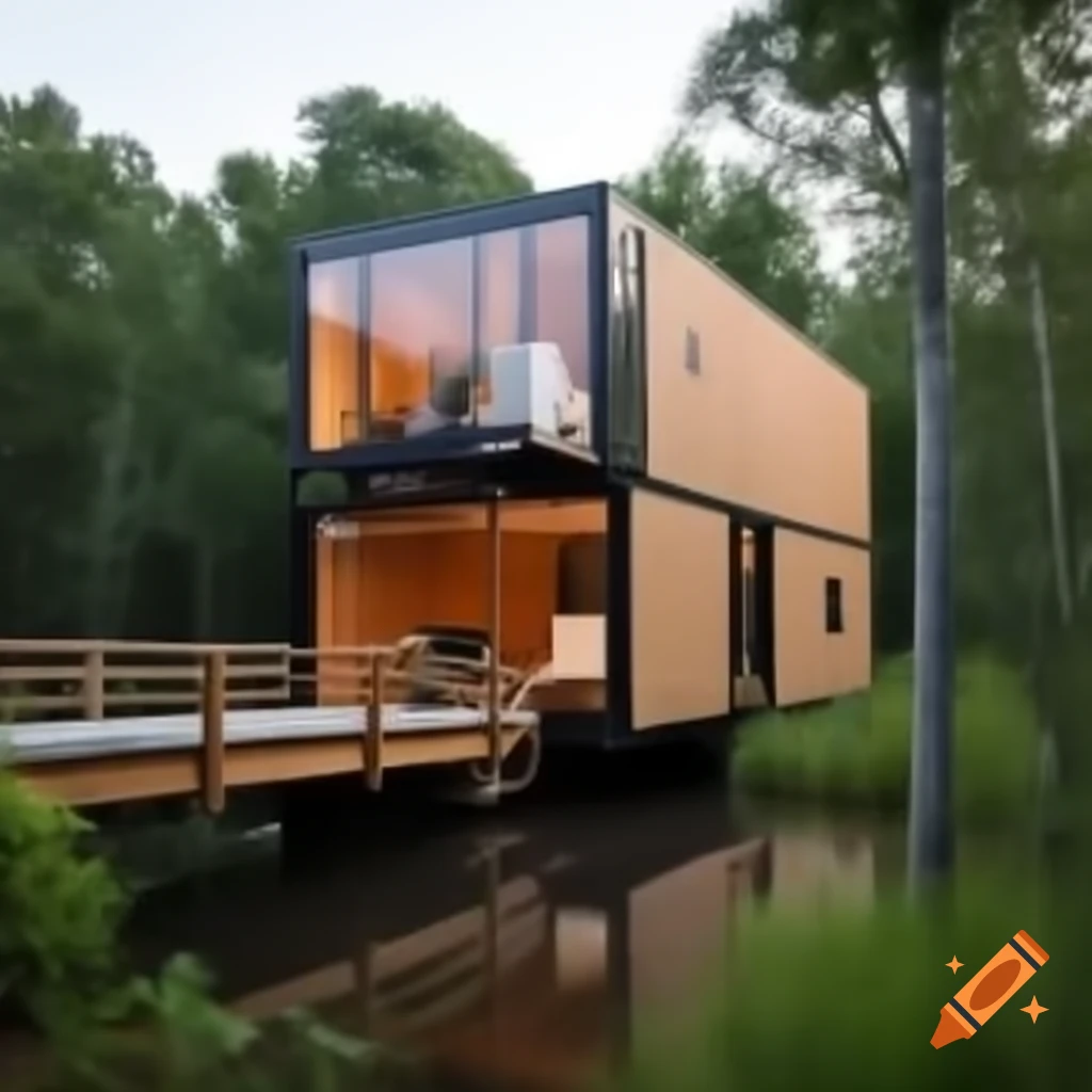 Modern shipping container house over swamp with car access bridge