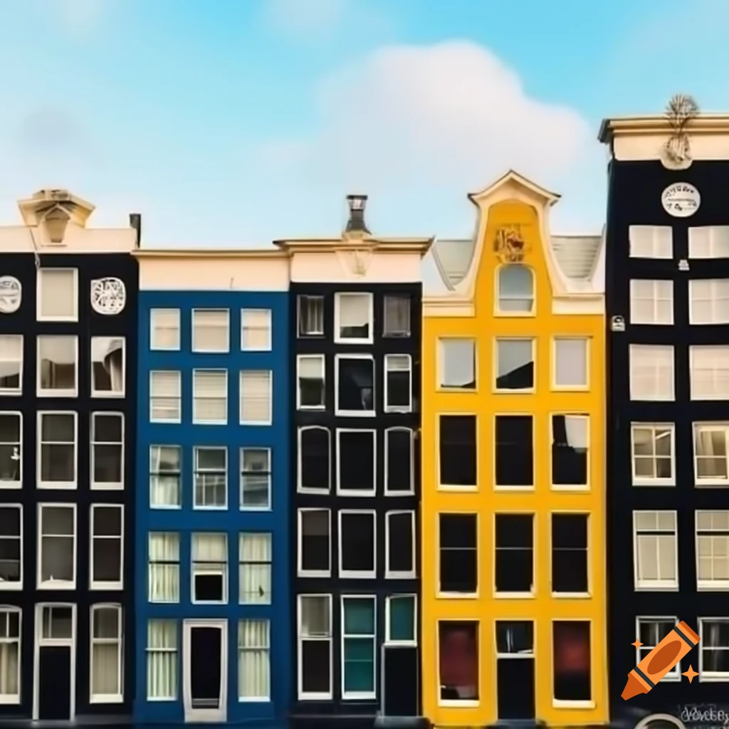 Colorful Amsterdam cityscape with iconic buildings