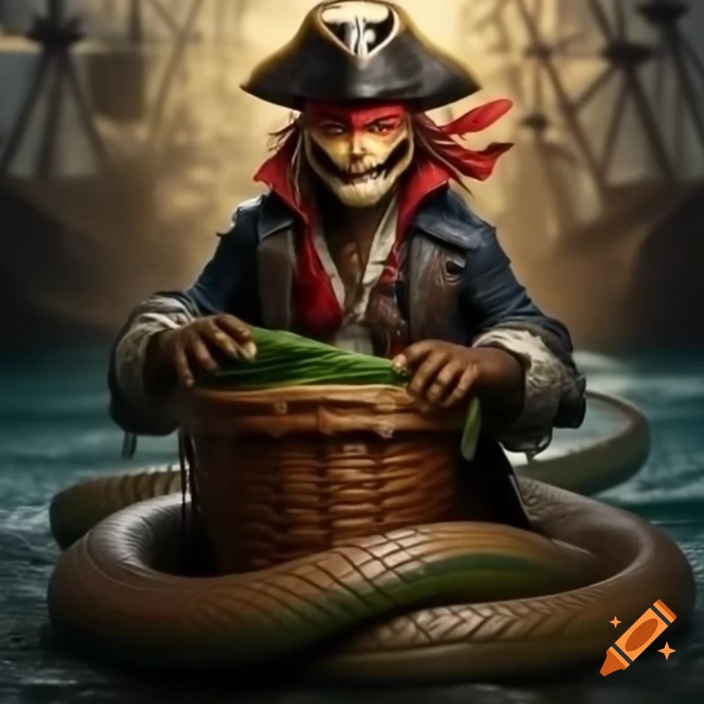 Pirate grinning with snake biting his face on ship