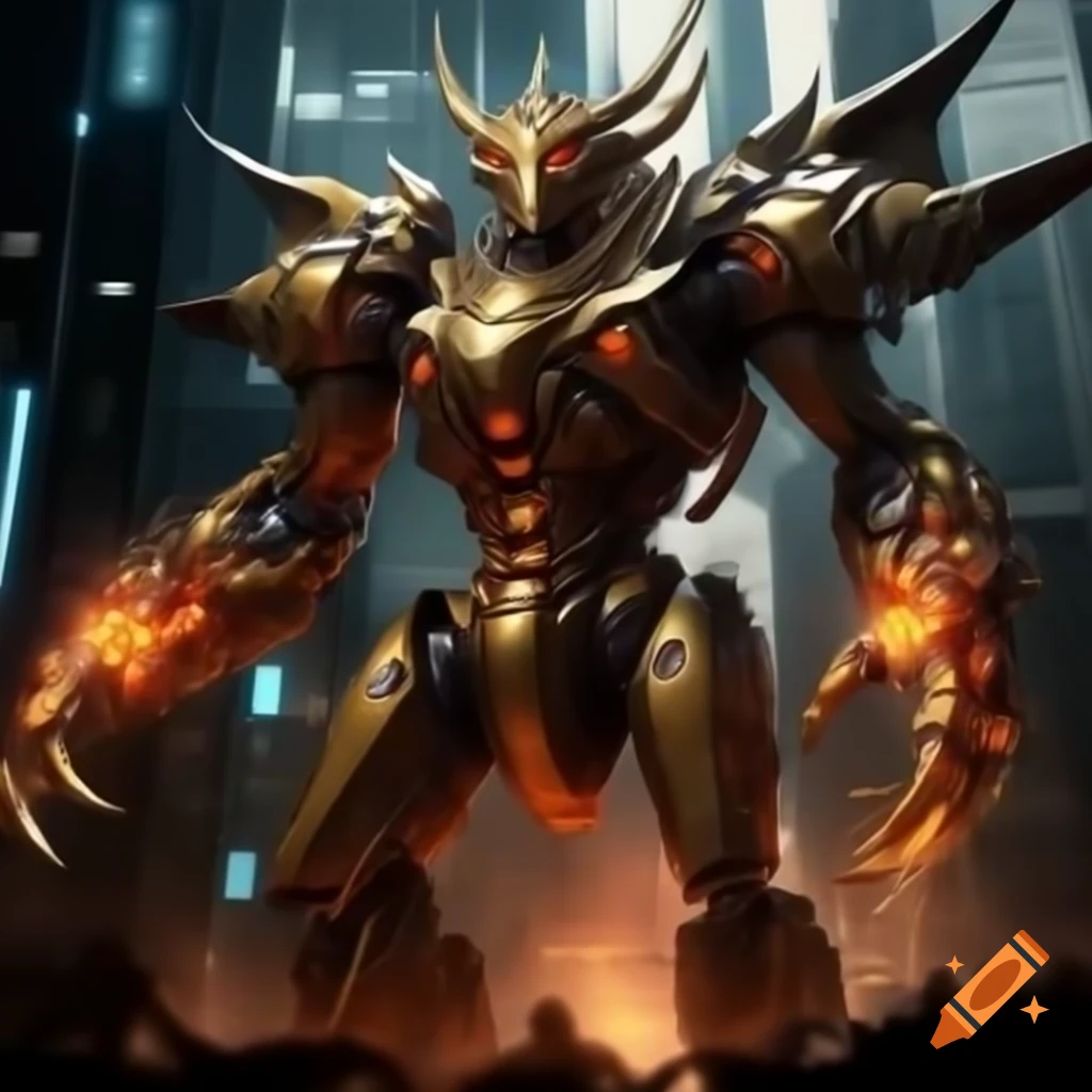 Robotic dragon with mechanical body and fiery breath in futuristic city backdrop