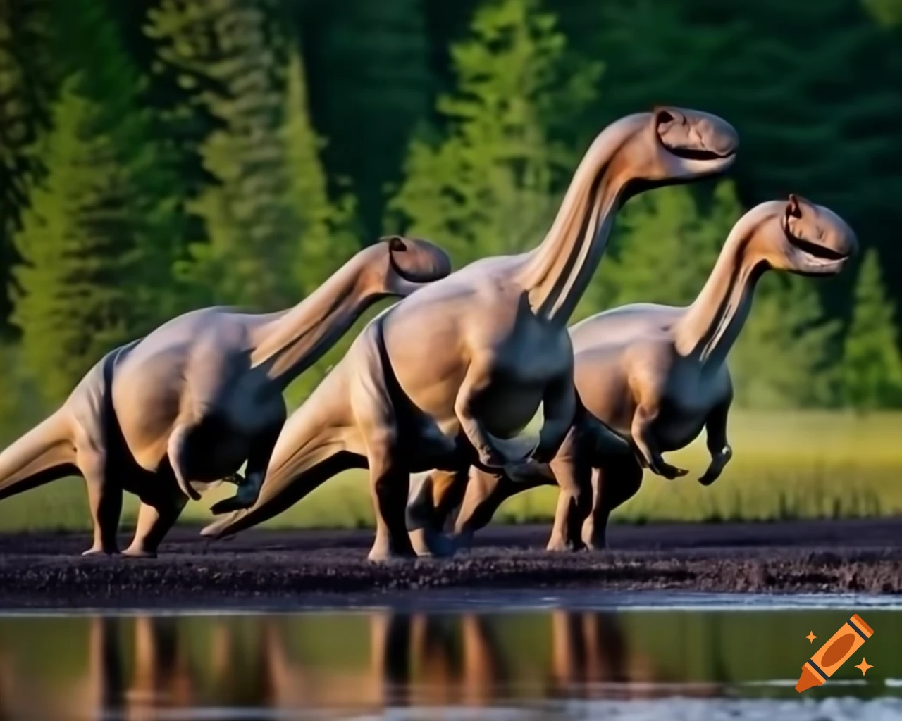 Hadrosaurus dinosaurs on muddy lake bank in British Columbia, warm afternoon light