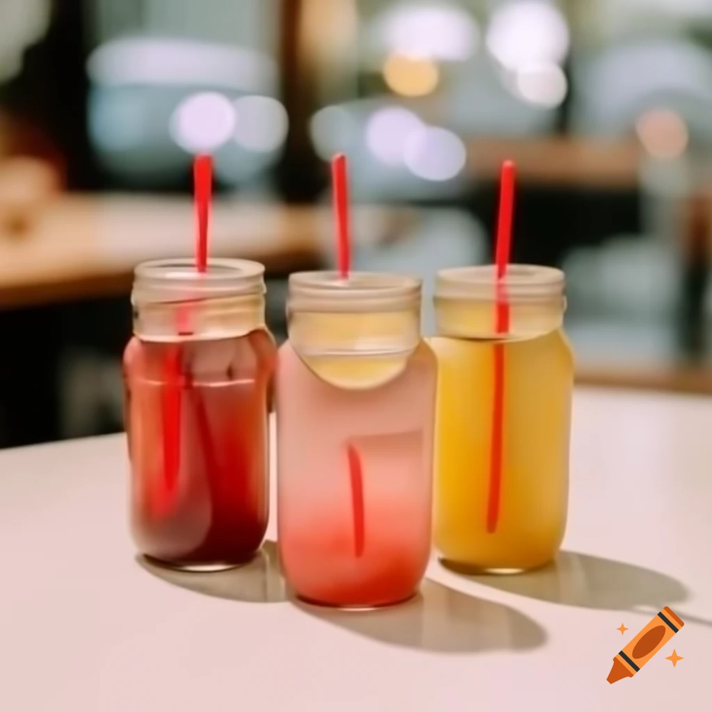 Three jam jars with pink lemonade, lemon, and lime drinks, red straws, blurred cafe background