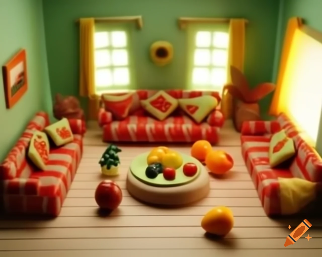 Miniature living room designed with fruit patterns and textures