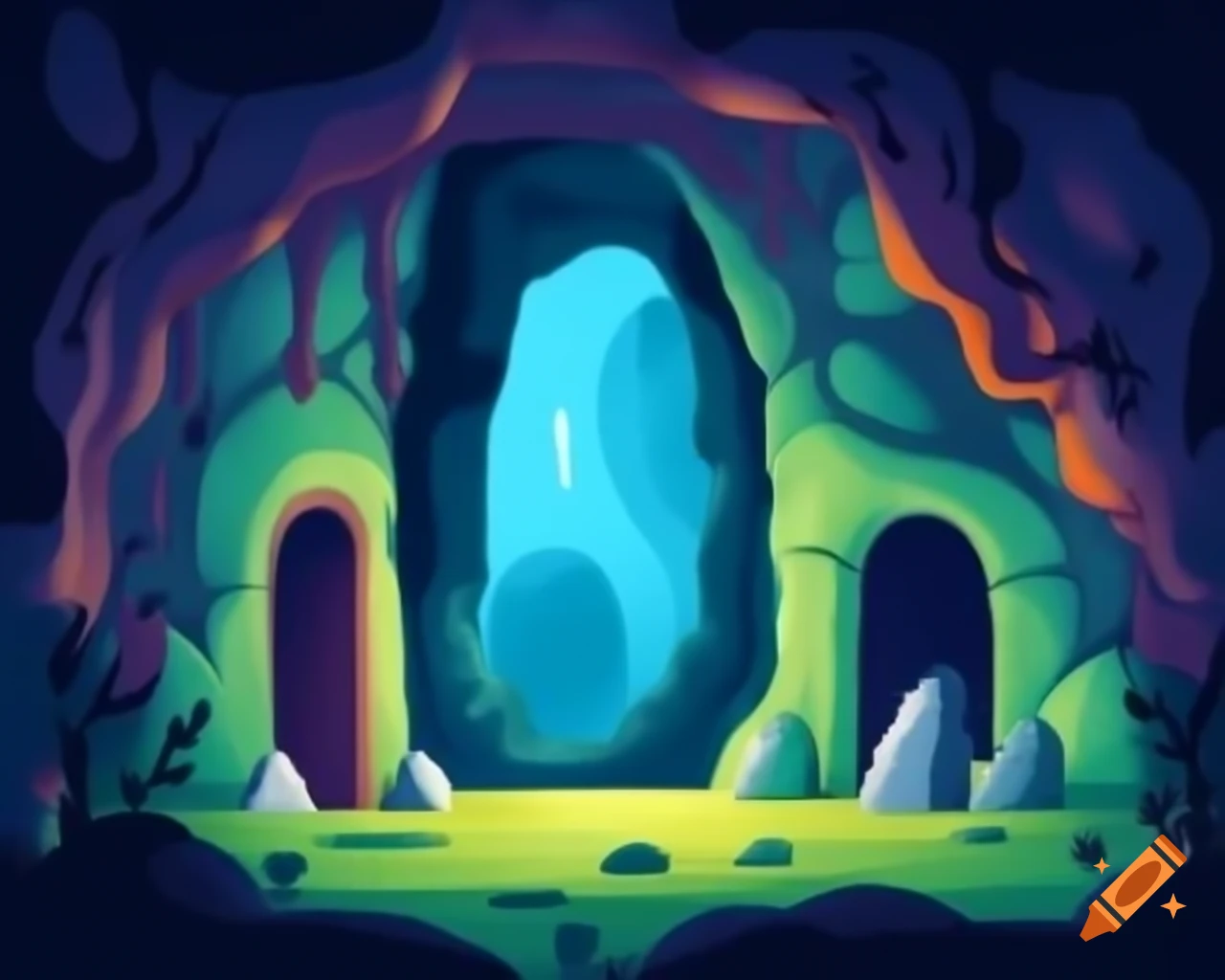 Cartoonish underground cave with three arched exit tunnels, glowing light and shadowy path