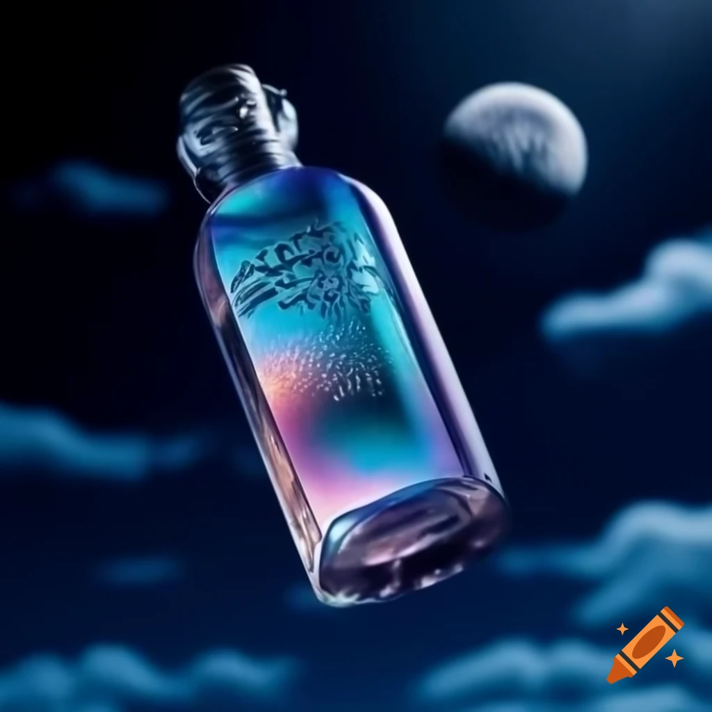 Iridescent bottle floating under moonlight