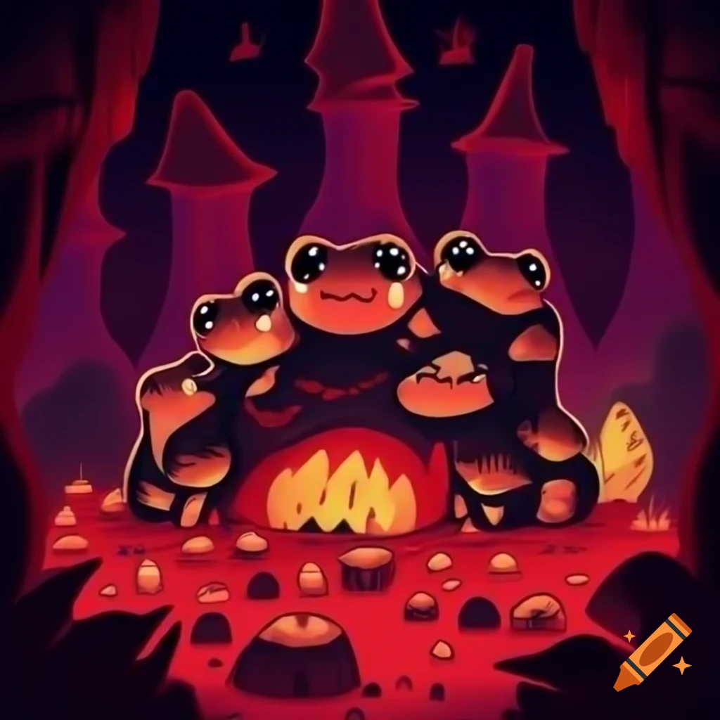 Cute devil horned frogs in red and purple themed hell scenery, anime style