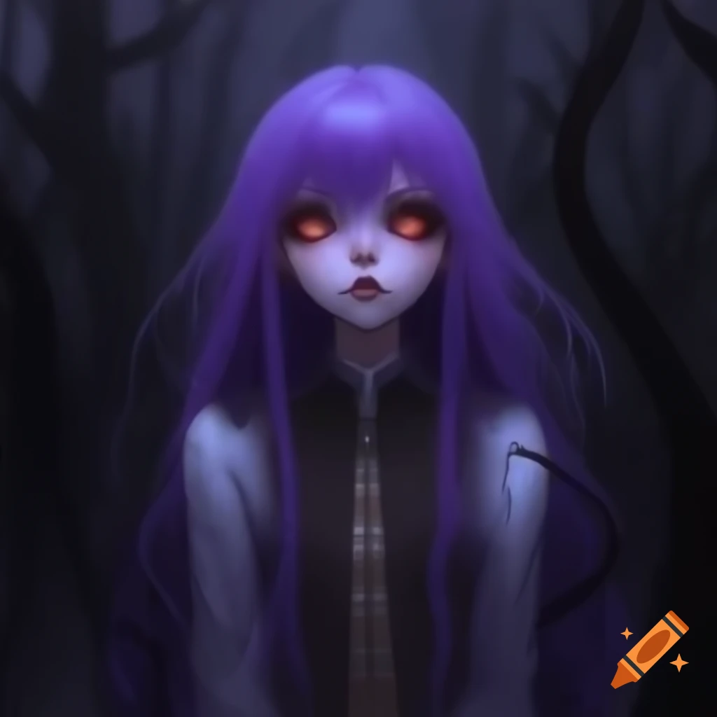 Creepy anime girl with purple hair in dark foggy forest