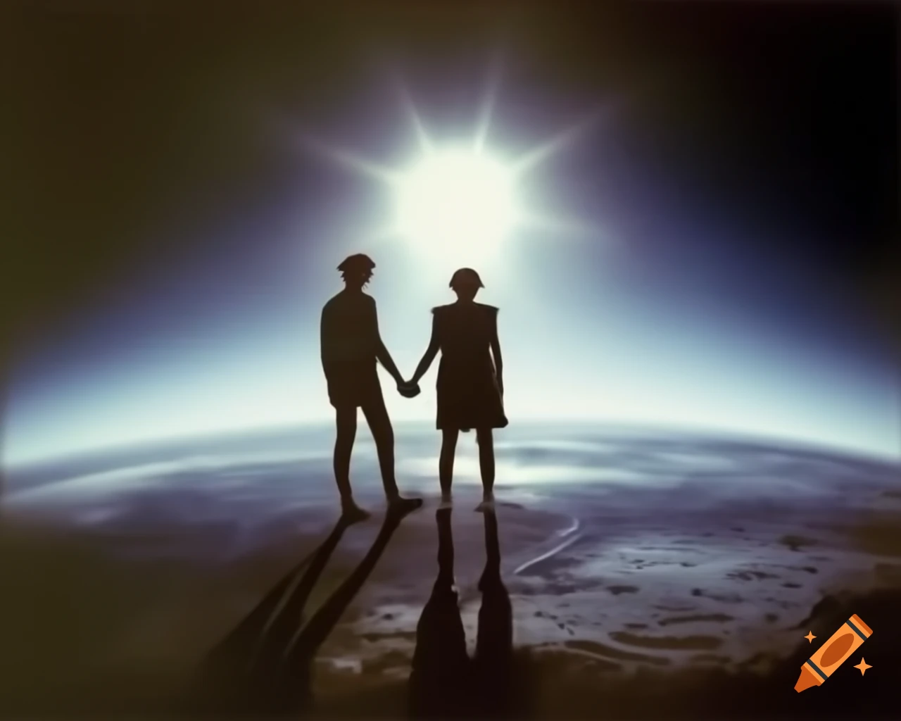 Two humans holding hands on strange planet with faded vintage aesthetic