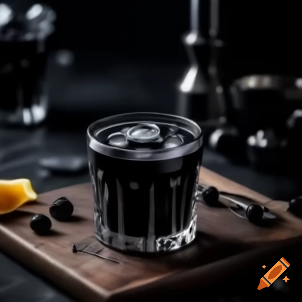 Black cocktail named goth juice served in a glass