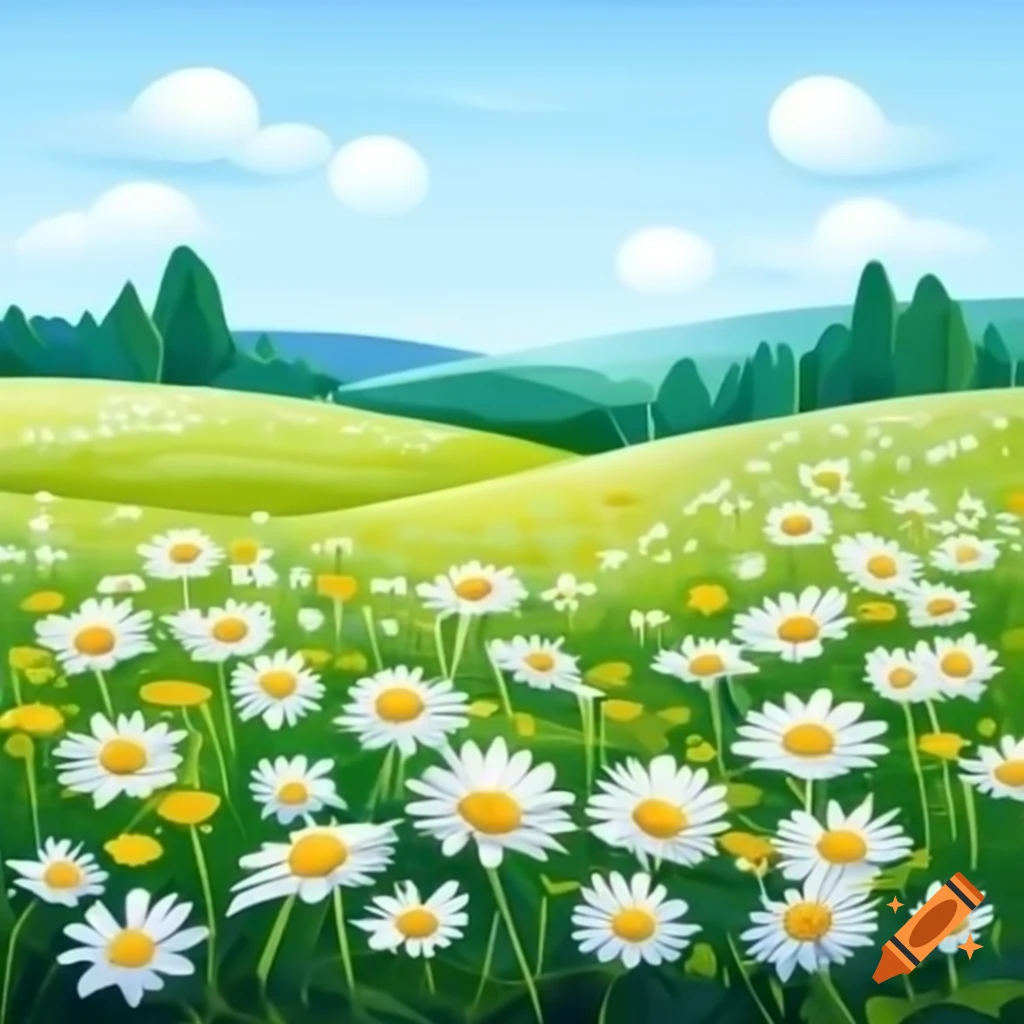 Goat in beautiful landscape with daisies and blue sky