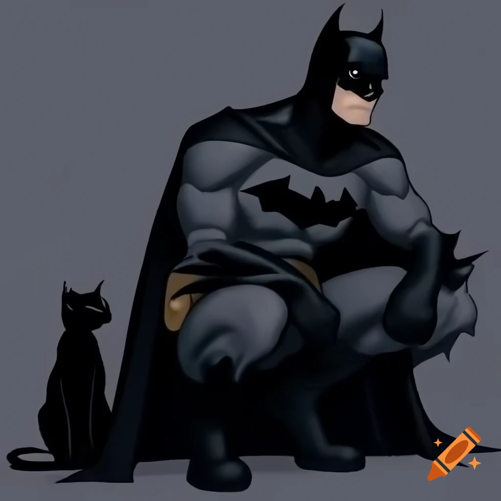 Batman in batsuit sitting on tall building petting black cat, digital art