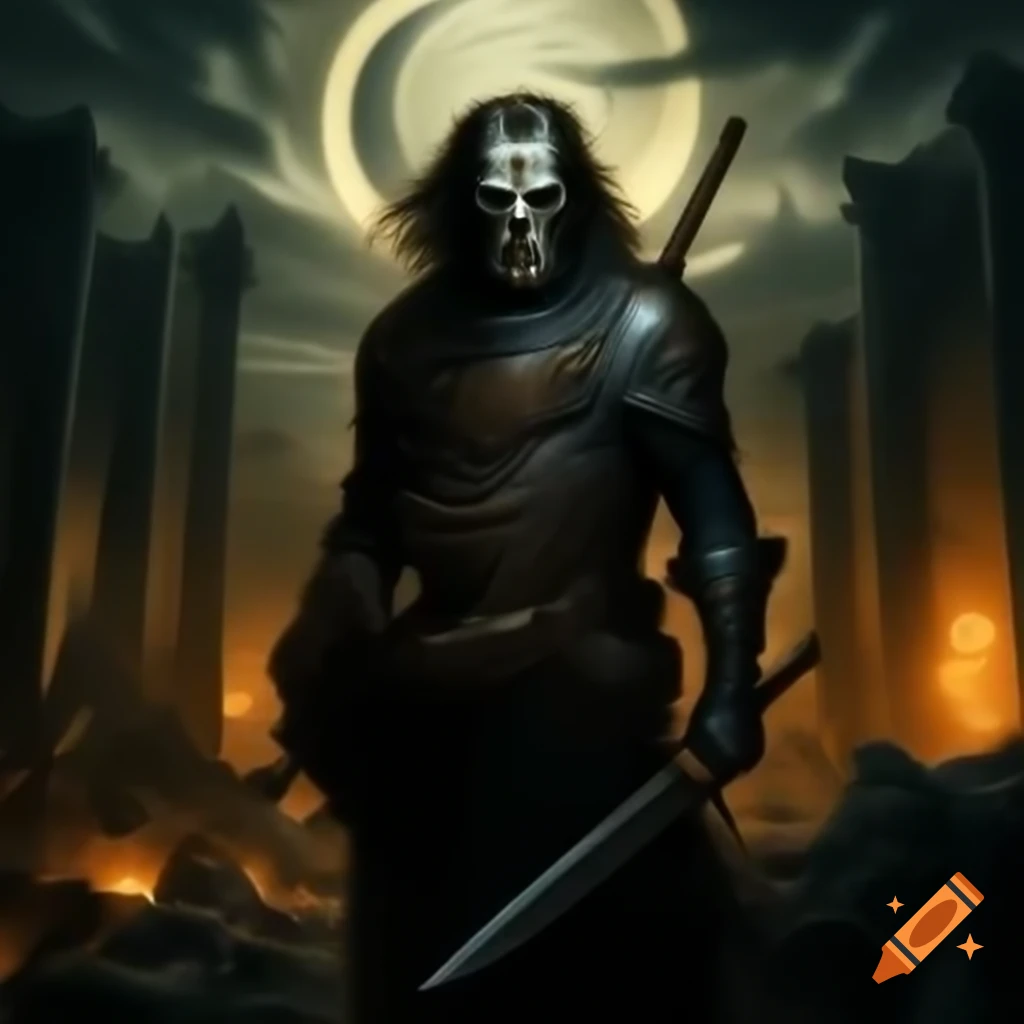 Guitar Man in ancient ruins with guitar and hovering black swords, eerie masked face