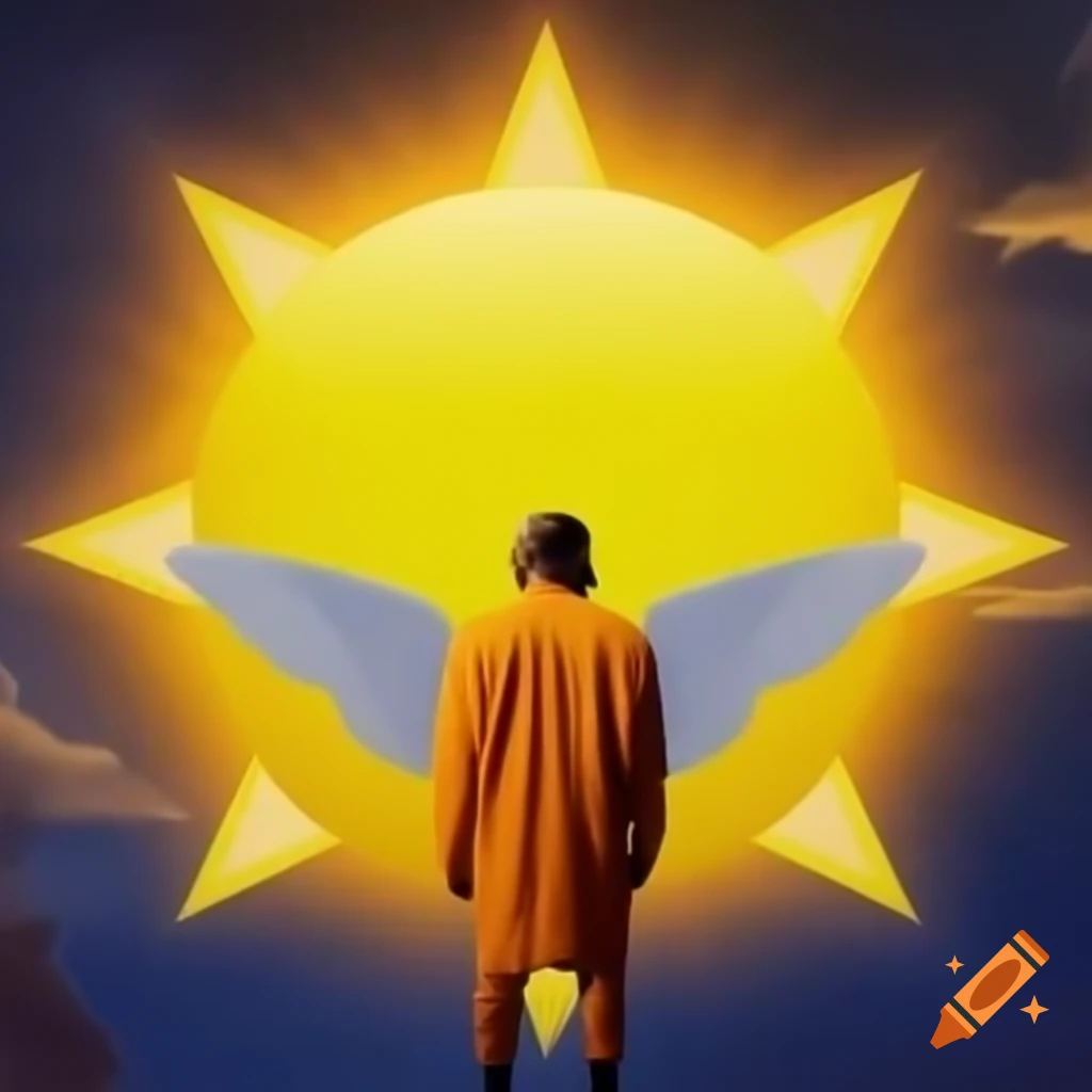 Bold yellow star resembling a sun in the sky, Kanye West graduation style art with bear wearing shades